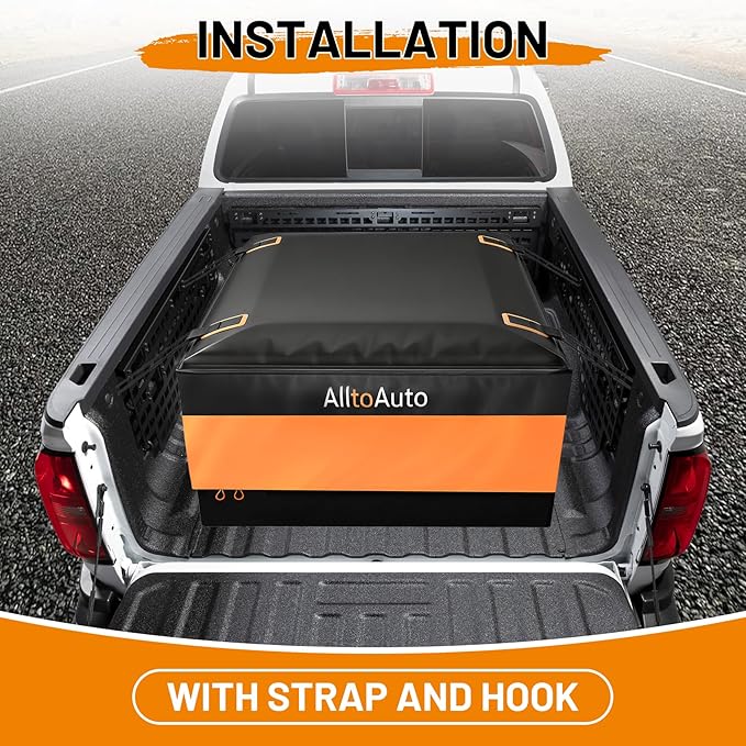 [High Visibility] Waterproof AlltoAuto Truck Bed Bag with Orange Safety Trim, 26 CuFt Heavy Duty Cargo Carrier for Pickup Truck, Weatherproof Storage Bag for Camping & Road Trips