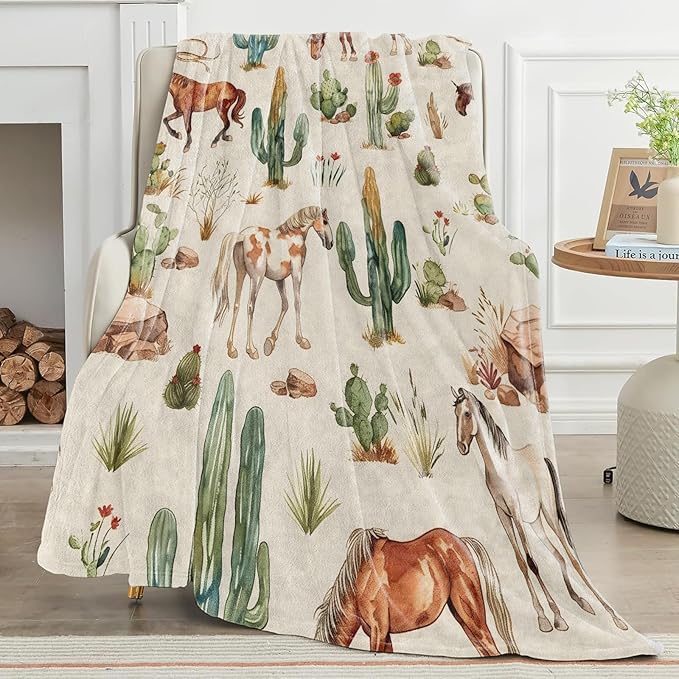 Western Horse Blanket with Cactus and Wild Mustang Pattern Throw Blankets Lightweight Flannel Throws for Camping Couch Chair Office Bed Rustic Home Decor Gifts for Adults,50x40inch