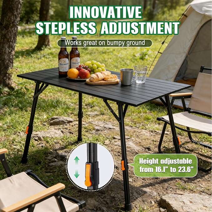 Portable Camping Table Foldable: No-Assembly Aluminum Folding Camping Table with Height Infinitely Adjustable & Carry Bag - Camp Table for Camping, Picnic, Beach, RV, BBQ