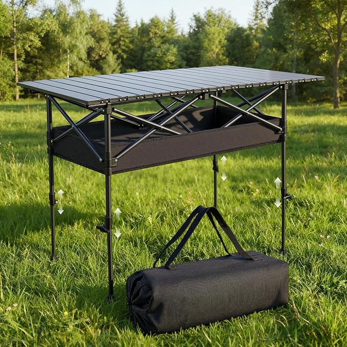 Folding Camping Table, 37.4" Aluminum Roll Top Table Lightweight, Adjustable Height Outdoor Table with Storage Mesh & Carry Bag, Portable Camp Gear for Picnic Tailgate BBQ, Black