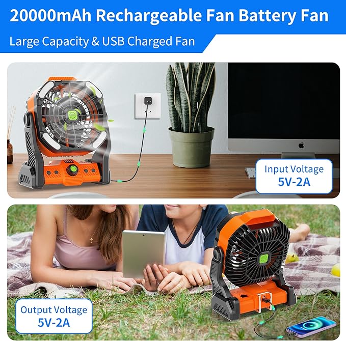 Camping Fan with LED Lantern, Portable Battery Powered Fan Rechargeable for Outdoor Camping Fans, 270°Head Rotation, Quiet USB Table Fan Battery Operated for Tent Beach Picnic Orange X26