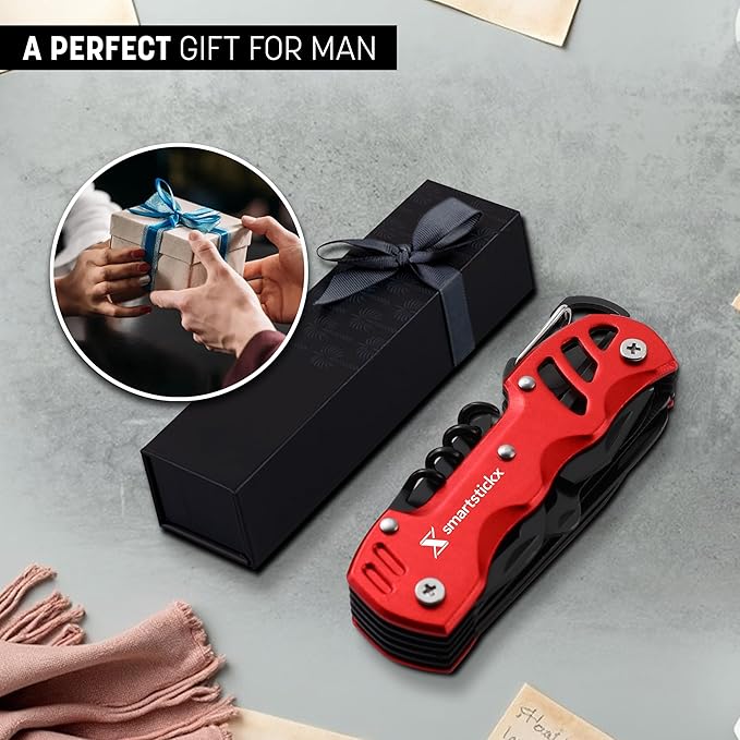SmartstickX 16 in 1 Multi Tool Tactical Knife Camping essential Survival with Knife, Scissors, Saw, Wine Opener, Multiple Screwdrivers, Key Chain Easy Carry, Fish Scaler (Red)