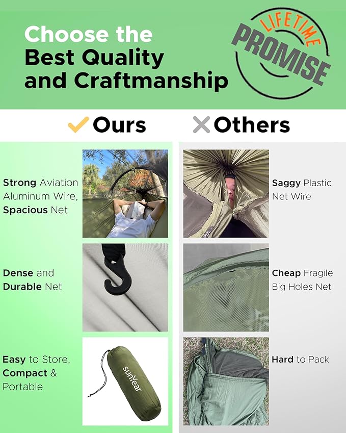 Sunyear Camping Hammock with Net - Double&Single Hammock with House-Like Net- Easy Setup & Pack, Lightweight & Portable, Perfect for Hiking, Backpacking, Outdoor Sleeping