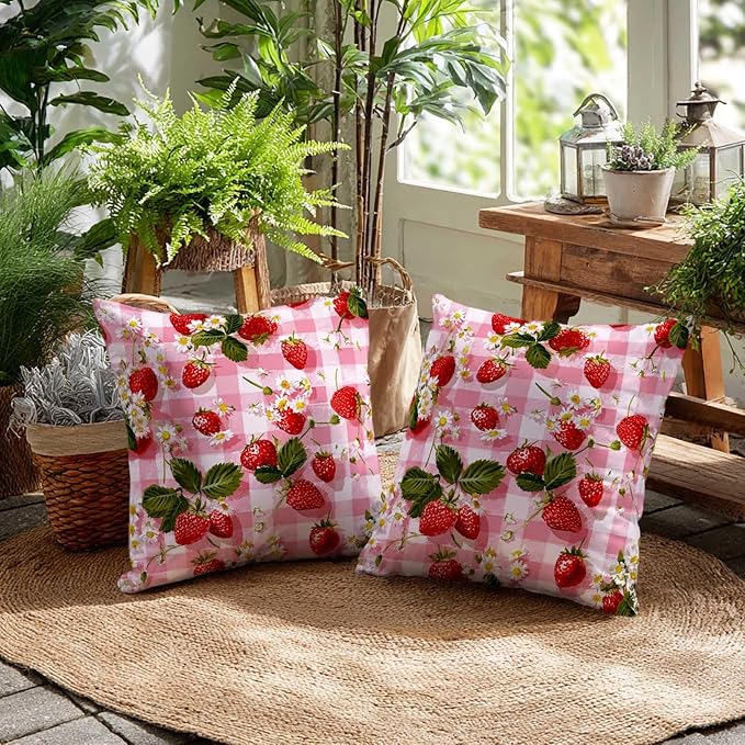 Strawberry Pink Gingham Throw Pillow Covers 18x18 Inch, Set of 2 | Square Cushion Covers for Couch & Living Room | Farmhouse Cottage Home Decor | Spring Summer Decorative Pillowcase
