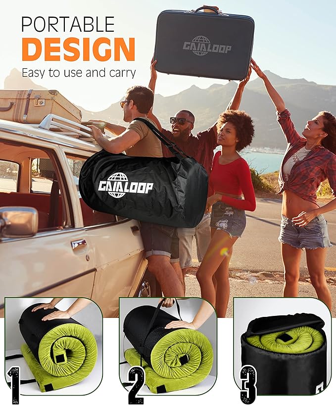 GAIALOOP 3 Inch Memory Foam Camping Mattress, Dual Layer Thick Sleeping Camp Pad for Car Tent Cot, Roll-Up Portable Glamping Floor Bed for Guests Sleepover