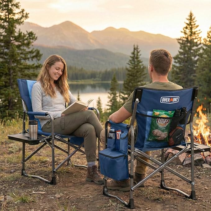 Overmont 2PCS Oversized Lightweight Camping Chair - Portable Comfortable Heavy Duty Foldable Directors Chairs with Side Table & Cooler Bag for Outside Camp Beach Picnic Lawn and Fishing Support 400lbs