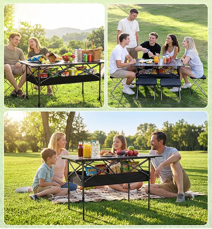 Folding Camping Table, 37.4" Aluminum Roll Top Table Lightweight, Adjustable Height Outdoor Table with Storage Mesh & Carry Bag, Portable Camp Gear for Picnic Tailgate BBQ, Black