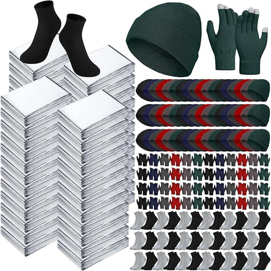 400 Pcs Thermal Blankets Winter Warmth Set Bulk, Warm Socks Winter Touchscreen Gloves Beanie Hats Emergency Foil Blankets (Elegant)