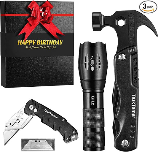 Birthday Gifts for Men, Multitools Gift Set "Happy Birthday", 3 In 1 tools Set with Multi-tool Hammer, Utility Knife & Tactical Flashlight, EDC Toolbox for Car, Gifts Set For Dad Husband for Birthday