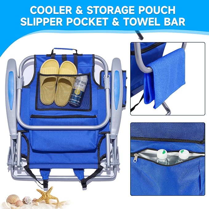 Portable Beach Chair for Adults, Outdoor Camping Chair Lay Flat Folding Backpack Beach Reclining Chair with 5 Positions, Headrest, Zipper Pouch, Cup Holder, Blue