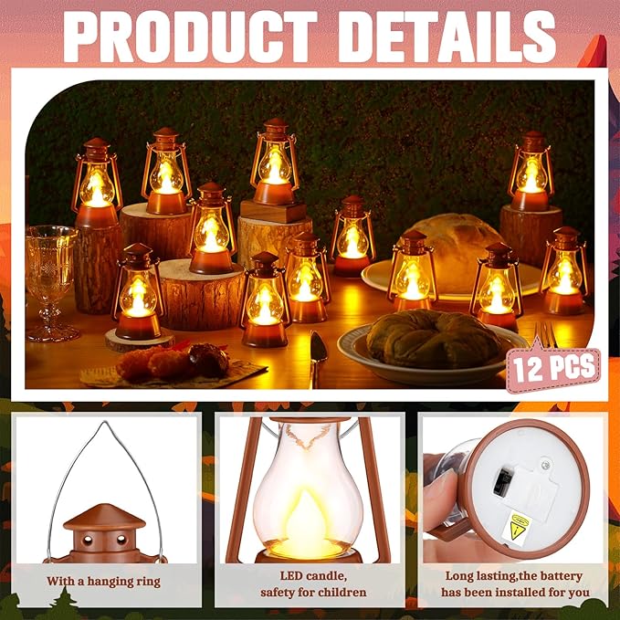 Ferraycle 12 Pcs Mini Lantern for Centerpiece Western Wedding Decor 4 Inch Camping Decorative with LED Candle Vintage Hanging Lantern Ornaments Bulk for Cowboy Cowgirl Xmas Party Decoration (Brown)