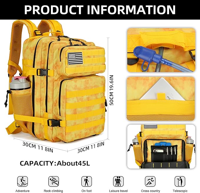 Lovelinks21 45L Tactical Assault Backpack 3 day assault pack with Molle Waterproof backpack Rucksack for Tactical Backpacks (Yellow)