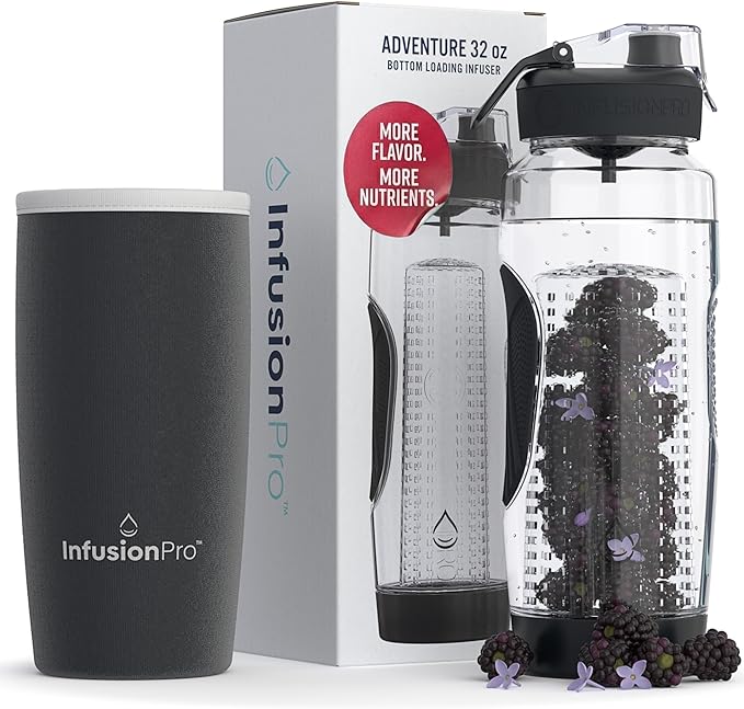 Infusion Pro 32 oz Fruit Infuser Water Bottle with Insulated Sleeve & 50 Recipe Fruit Infusion Water eBook : Bottom Loading, Large Water Infuser for More Flavor : Unique Gift Idea for Women