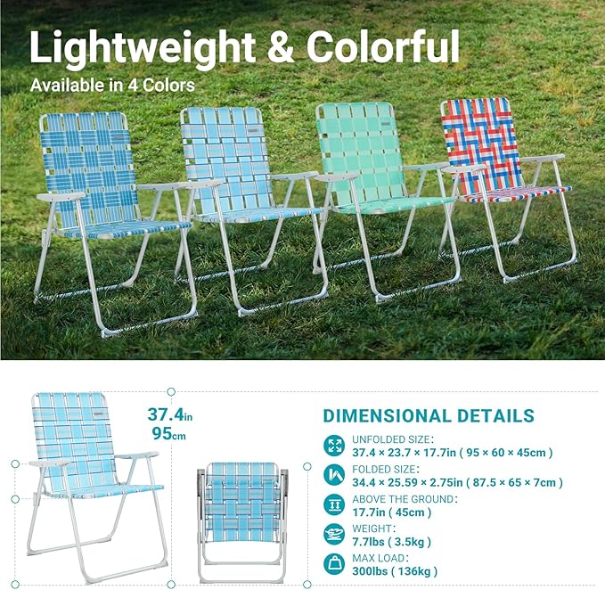 #WEJOY Folding Beach Chair for Adults, Lightweight Beach Chair with Shoulder Straps, High Back Camping Chairs with Hard Armrest, Supports 300lbs for Outdoor Lawn Concert