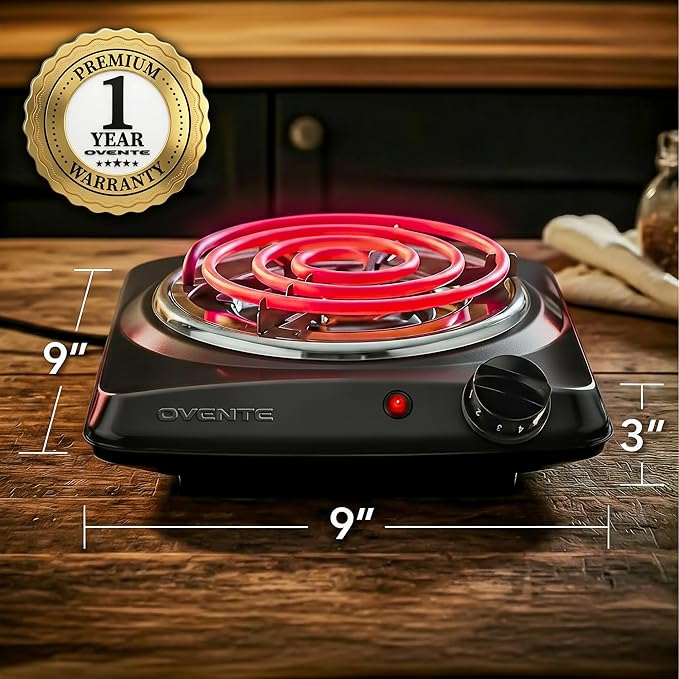 OVENTE Electric Countertop Single Burner, 1000W Cooktop with 6" Stainless Steel Coil Hot Plate, 5 Level Temperature Control, Indicator Light, Compact Cooking Stove and Easy to Clean, Black BGC101B
