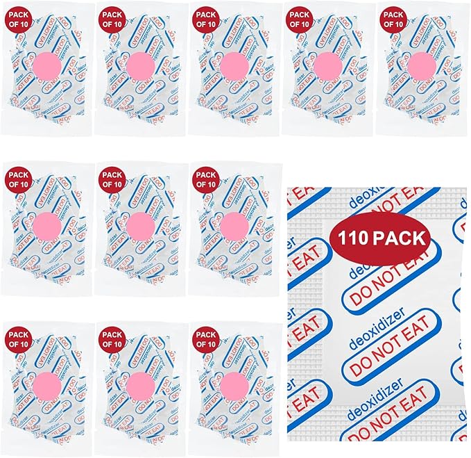 110 Packs 200CC Food Grade Oxygen Absorbers (10 Packs in Individual Vacuum Bag, 11x Packs of 10), Oxygen Absorbers for Food Storage, with Oxygen Indicator, for Mylar Bags, Mason Jars, Canning