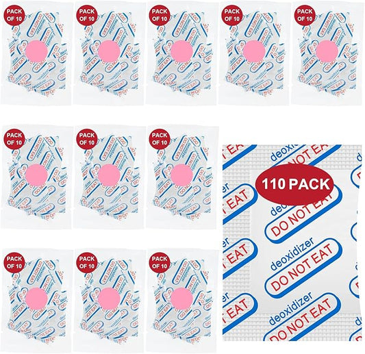 110 Packs 200CC Food Grade Oxygen Absorbers (10 Packs in Individual Vacuum Bag, 11x Packs of 10), Oxygen Absorbers for Food Storage, with Oxygen Indicator, for Mylar Bags, Mason Jars, Canning
