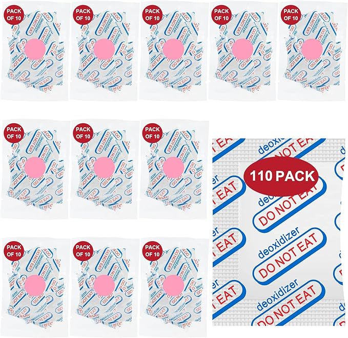 110 Packs 100CC Food Grade Oxygen Absorbers (10 Packs in Individual Vacuum Bag, 11x Packs of 10), Oxygen Absorbers for Food Storage, with Oxygen Indicator, for Mylar Bags, Mason Jars, Canning