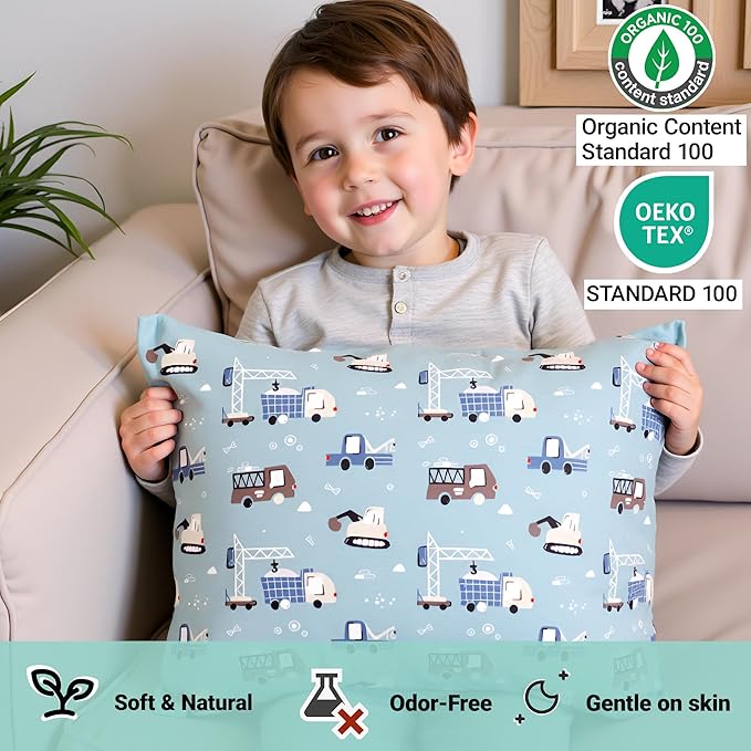 ZPECC Toddler Pillow with Pillowcase - 13x18 Organic Cotton Hypoallergenic Kids Pillow, Baby Essentials for Travel Crib Daycare Stroller (Intended for Age 2 and up) Truck