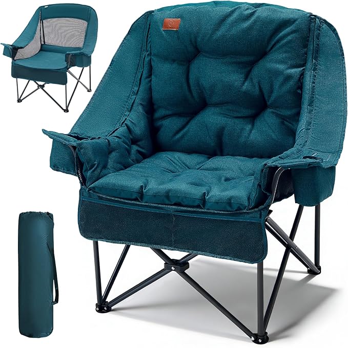 EVER ADVANCED XL Camping Chair with Detachable Cushion, Mesh Chair for Adults Foldable, Oversized Heavy Duty Folding Chair with Cooler Mesh Pocket Cupholder Outdoor Fishing, Supports 400LBS Green