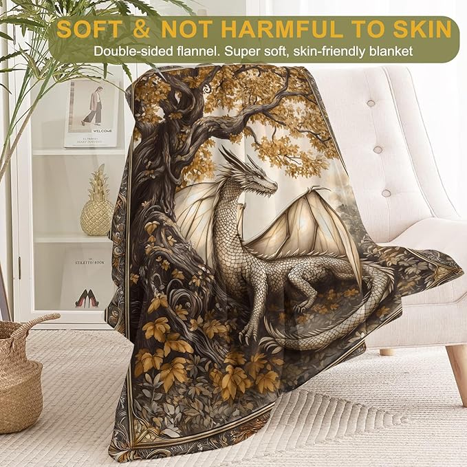 Autumn Dragon Fleece Blanket - Lightweight Soft Cozy Gifts Throw for Fantasy Lovers,Women,Men,Enchanting Tree of Life Blankets,Home Room Modern Artistic Decor 50x60in