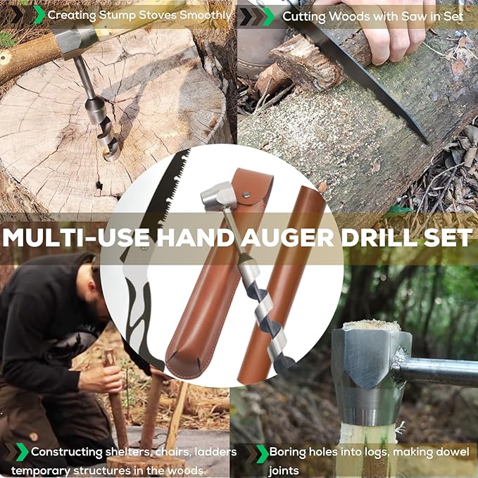 Hand Auger Wood Drill, Upgrade Welds Bushcraft Auger w/ Sharp Scottish Eye, Survival Tools for Bushcraft Projects/ Camping/Outdoors, 1*10inch Settlers Wrench & Folding Saw Kit, Bushcraft Gear