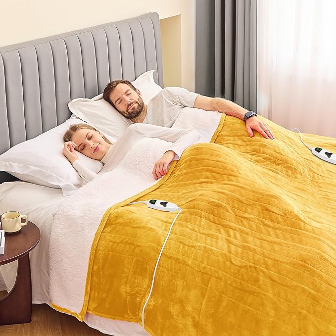 greenoak Heated Blanket Electric Queen Size 84"X90" Dual Control, Heating Blankets with 10 Levels 8 Hours Auto-Off, Soft Flannel Fluffy House Warming Gifts for Grandma Seniors Mom,Ginger Yellow