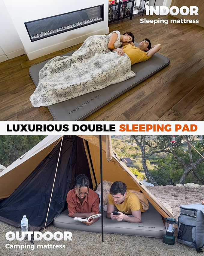 KingCamp PREMIUM DOUBLE Self Inflating Sleeping Pad, 7.5 R-Value Air & Foam Camping Mattress 2 Person, 3" Thick Full Size Double Insulated Sleeping Pad with Pump Sack for Car Camp Tent, PVC Free, Grey