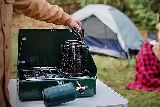 Stansport Enamel 8-Cup Percolator Coffee Pot and 4-Mug Set - Heavy-Duty Campfire Coffee Maker with 12oz Mugs - Percolator Stem Included - Double Baked Enamelware for Camping, Hiking, RV & Cabin