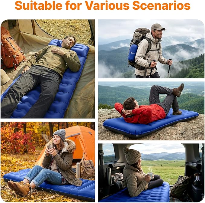 OGERY Sleeping Pad, Ultralight Inflating Sleeping Pad for Camping with Pillow Built-in Foot Pump, 6" Extra-Thick Reinforced Camping Pad for Hiking, Backpacking, Tent, Single,Blue