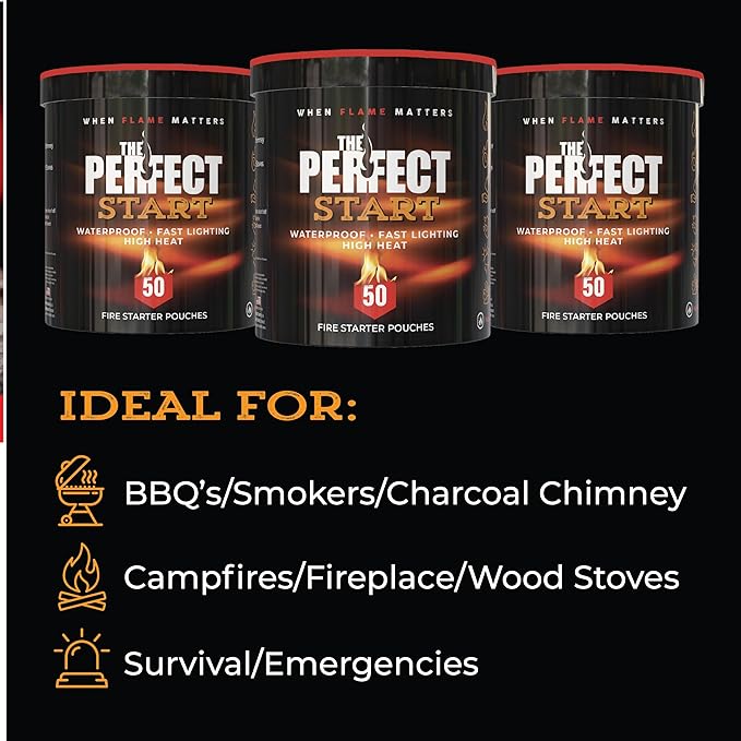 The Perfect Start Fire Starters - Waterproof - All-Purpose for Campfires, Fire Pits, Fireplaces, Charcoal & More - All Weather, Safe, Non-Combustible & Easy to Use for Camping, Hiking, Outdoor Cooking