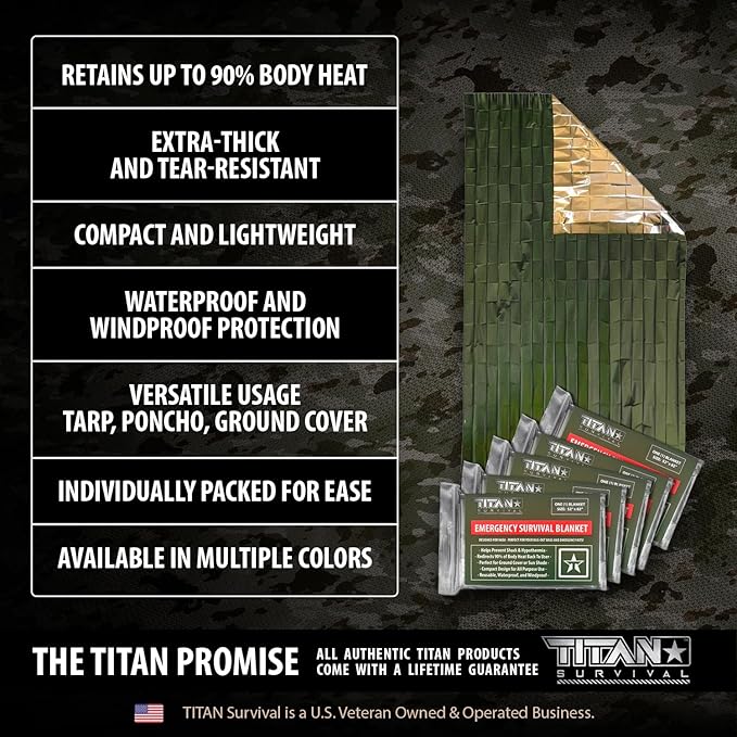 TITAN Survival Premium Mylar Survival Blankets (5 Pack) Thermal Emergency Survival Blanket for Camping, Hunting, Hiking - 90% Heat Retention & Waterproof - Portable Space Blanket w/Size Options