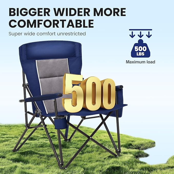 HIGH POINT SPORTS Oversized Camping Chairs for Adults, High Back Heavy Duty Lawn Chair Support 500LBS, Padded Portable Collapsible Outdoor Chair with Cup Holder, Blue, 2 Pack