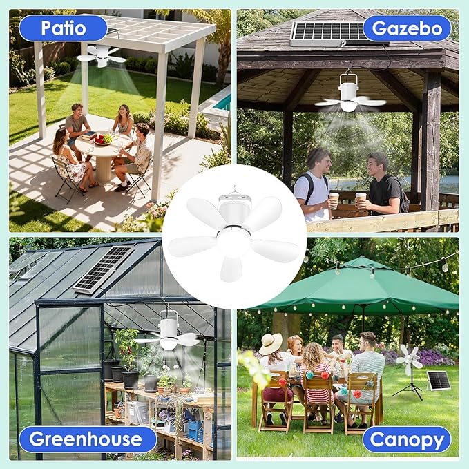 21” Solar Ceiling Fan with Light, Solar Gazebo Fan Light Outdoor with Remote, Portable Rechargeable Battery Operated Camping Fan, for Outside Canopy Tent Porch Patio Greenhouse RVs Pergola