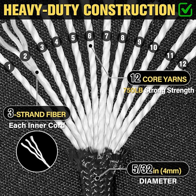 Paracord Rope 750 lb - 50ft 5/32" Parachute Cord 4MM 12-Strand para Cord - Heavy Duty Spool String for Survival,Camping Gear, Survival Bracelet, Clothesline - Black
