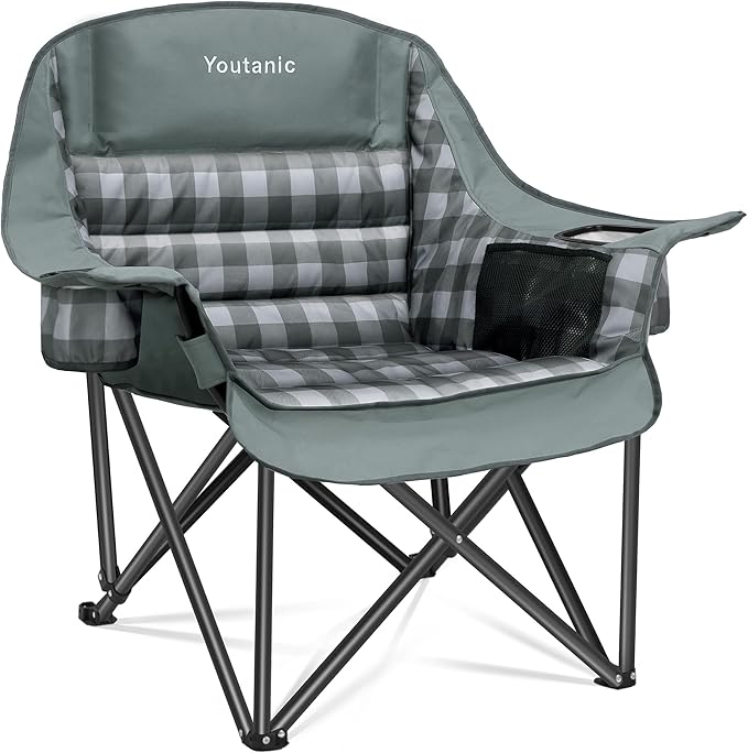 Youtanic Padded Camping Chairs for Adults, Heavy Duty 400 lbs Foldable Lawn Chair, Oversized Ergonomic Outdoor Seat with Classic Plaid Design, Cup Holders & Storage Pockets for Fishing, Sports, Gray