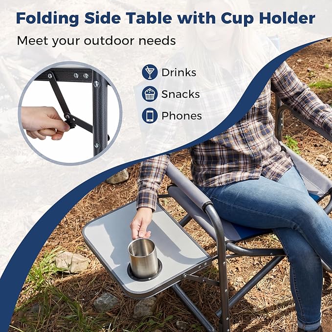 COSTWAY Folding Camping Chair, Lightweight Portable Directors Chair w/Side Table & Cup Holder, Padded Outdoor Heavy Duty Lawn Chair for Fishing, Picnic, Sports, Beach, Max Load 400 lbs (Blue,1)