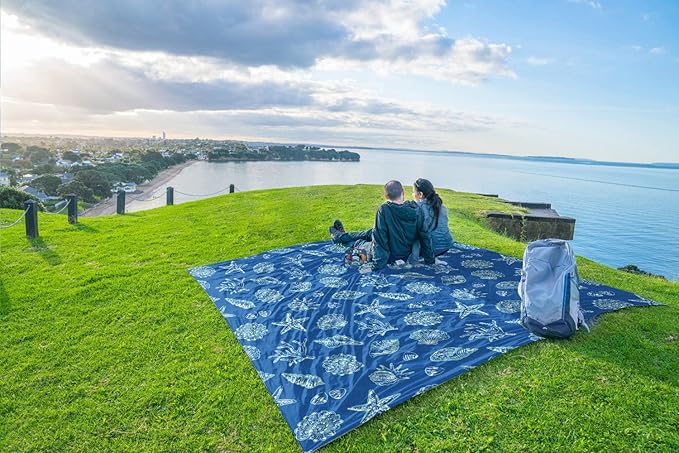 WEKAPO Beach Blanket Waterproof Sandproof Oversized, Extra Large Beach Mat Sand Free, Lightweight & Compact Sand Free Mat with 5 Stakes & 4 Corner Pockets