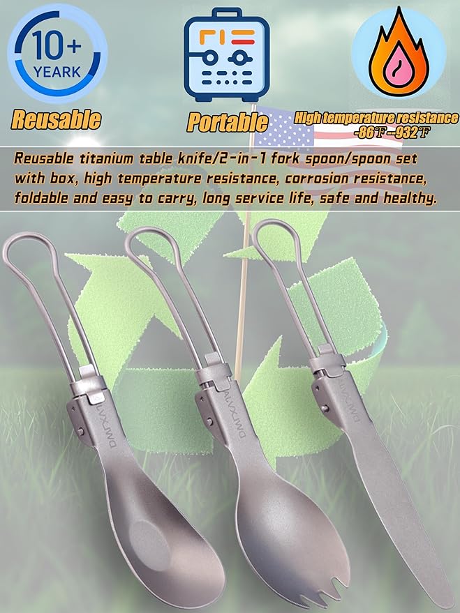 DWLXVJA Titanium Camping Utensils Set, 3-Piece Foldable Spork Spoon Knife with Case, 0.15lb Lightweight Travel Flatware for Backpacking Outdoor Hiking Office Lunch, Reusable Eco-Friendly Gift
