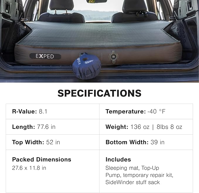 Exped MegaMat Auto - Self Inflating Soft Car Sleeping Mat, 4” Foam Pad, Wheel Cutouts, Pump Included