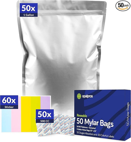 50-Pack 14 Mil Mylar Bags with Oxygen Absorbers, Gusseted 1 Gallon with 500cc OA - Resealable Mylar Bags for Food Storage with Colourful labels