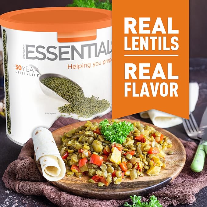 Emergency Essentials Lentils, Long-Term Emergency Food Supply, 48 Servings, 30-Year Shelf Life, High-Protein Vegetarian Survival Food
