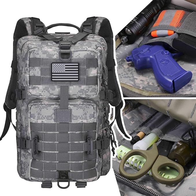Hannibal Tactical MOLLE Assault Backpack, Tactical Backpack Army Military Camping Rucksack, 3-Day Pack Travel Trip w/USA Flag Patch, D-Rings, ACU Camo