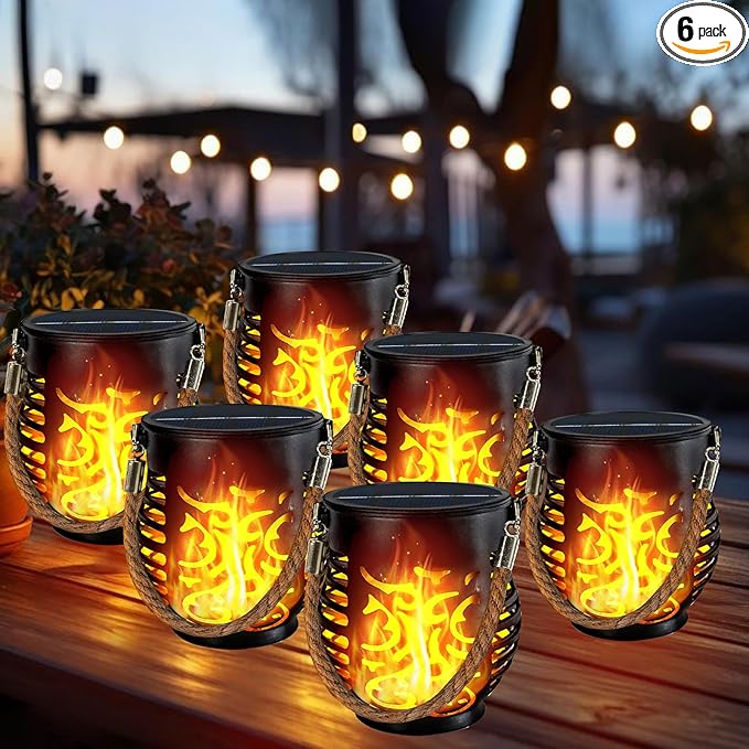 6 Pack Solar Lights Outdoor Waterproof, Solar Lantern with Realistic Flickering Flame, Auto On/Off Solar Powered Garden Light with Hemp Rope Handle for Outside Tree Patio Porch Camp Tabletop Decor