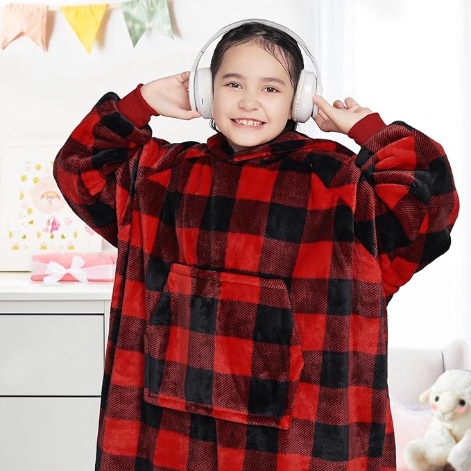 Waitu Wearable Blanket for Kids, Wearable Blanket Hoodie Gifts for Teens Girls and Boys, Warm Blanket Sweatshirt for Teenage, Hoodie Blanket with Sleeves - Red and Black Plaid