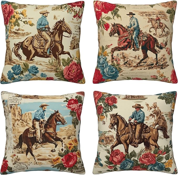 Western Horse Throw Pillow Covers 18 X 18 Inch Set of 4 Decorative Cushion Cover Home Decor for Sofa Chair Couch Bedroom Living Room