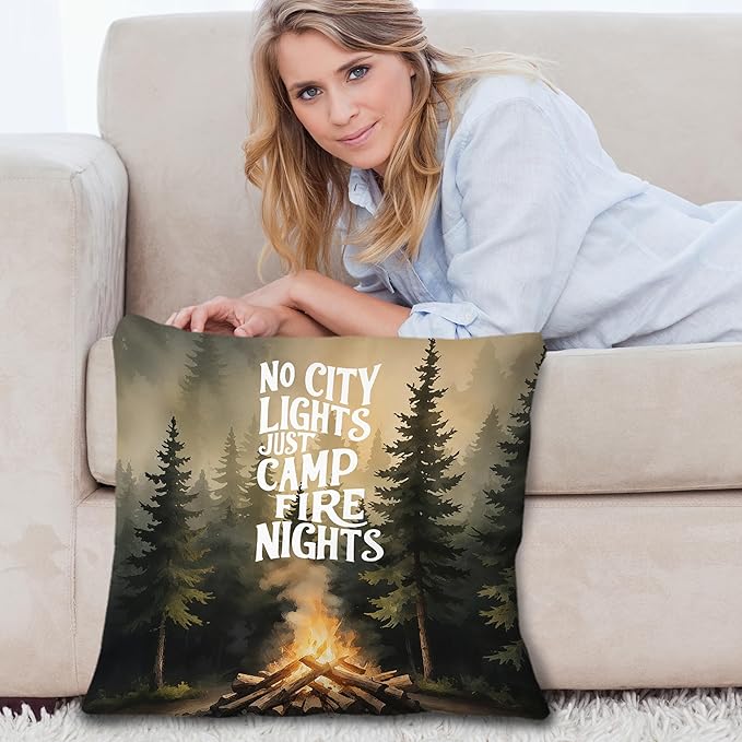 Camper Camping Pillow Covers 18x18, Campsite RV Camping Decor for Inside, No City Lights Just Campfire Nights Woodland Forest Decorative Throw Pillow Covers for RV Campsite Camper