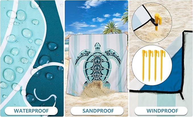 HIHOHO Beach Blanket Waterproof Sandproof Beach Mat 79”x 83” for 1-8 Adults Quick Drying Durable Outdoor Picnic Mat for Beach Festival Travel Camping Hiking (GN-Stripes Seaturtle, 79"×83"(4 Person))
