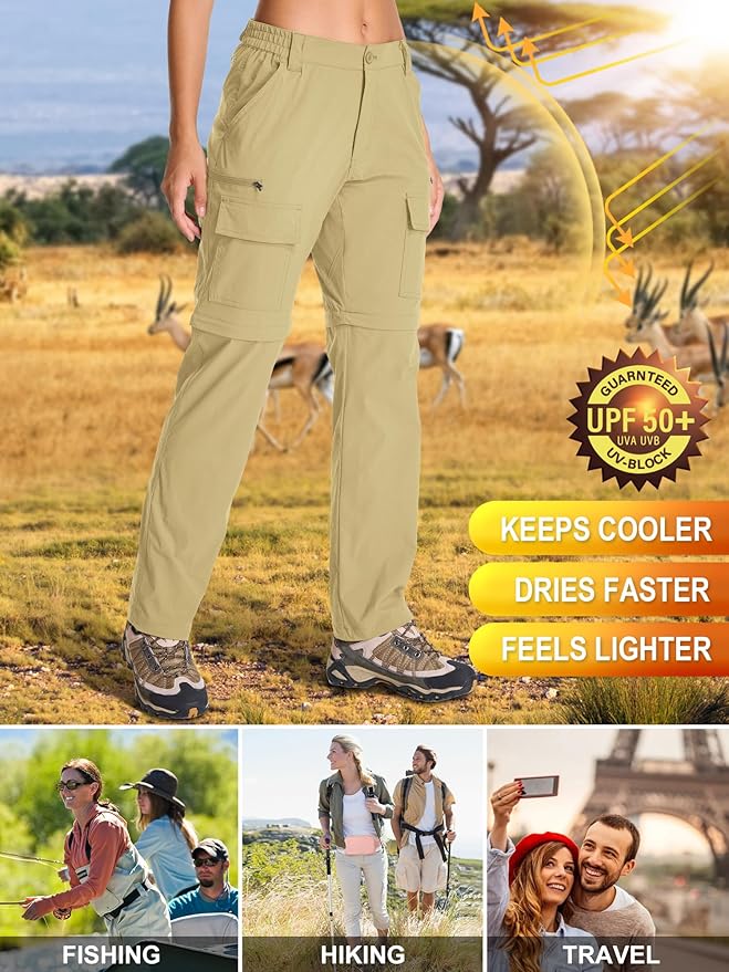 Womens Hiking Pants Convertible Quick Dry Stretch Lightweight Zip Off Outdoor Safari Pants with Cargo Pockets