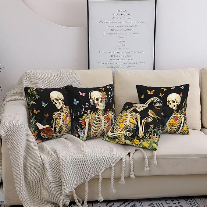 Skull Throw Pillow Covers 18 X 18 Inch Set of 4 Decorative Cushion Cover Home Decor for Sofa Chair Couch Bedroom Living Room